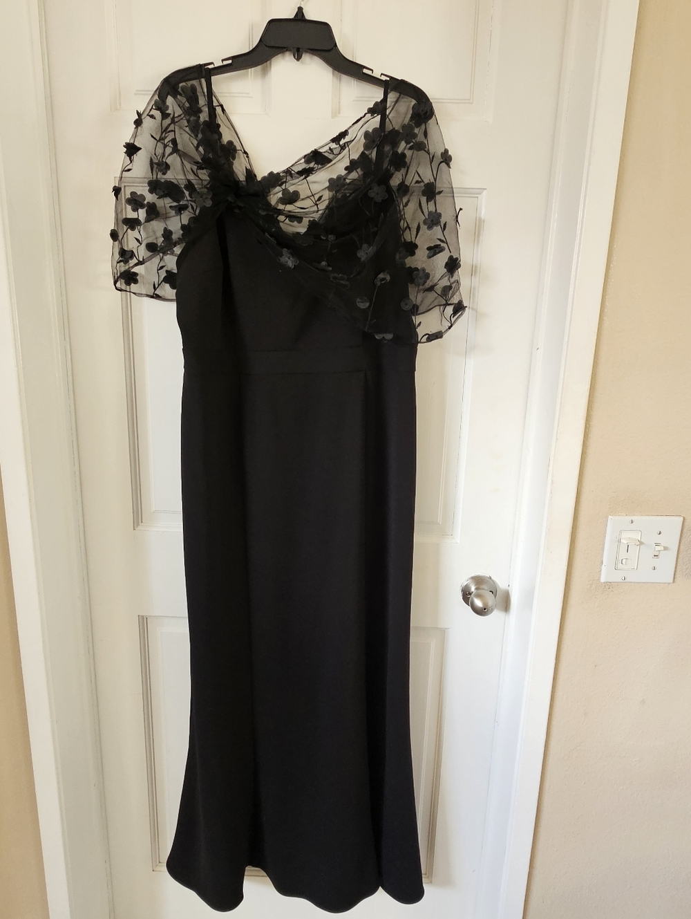 Maggy London Black Maxi Dress with Floral Mesh Capelet